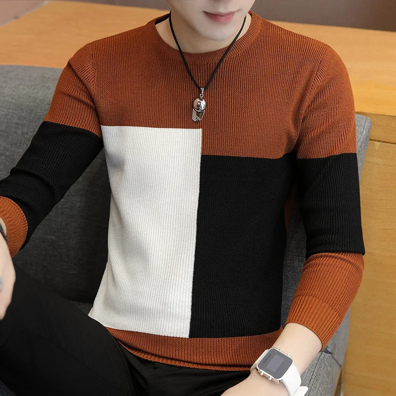 Men's O-Neck Cotton Long Sleeves Mixed Colors Pullover Sweater