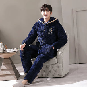 Men's Flannel Full Sleeves Hooded Thick Sleepwear Pajamas Set