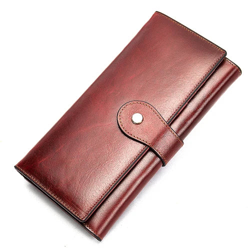 Women's Genuine Leather Zipper Hasp Closure Solid Pattern Purse