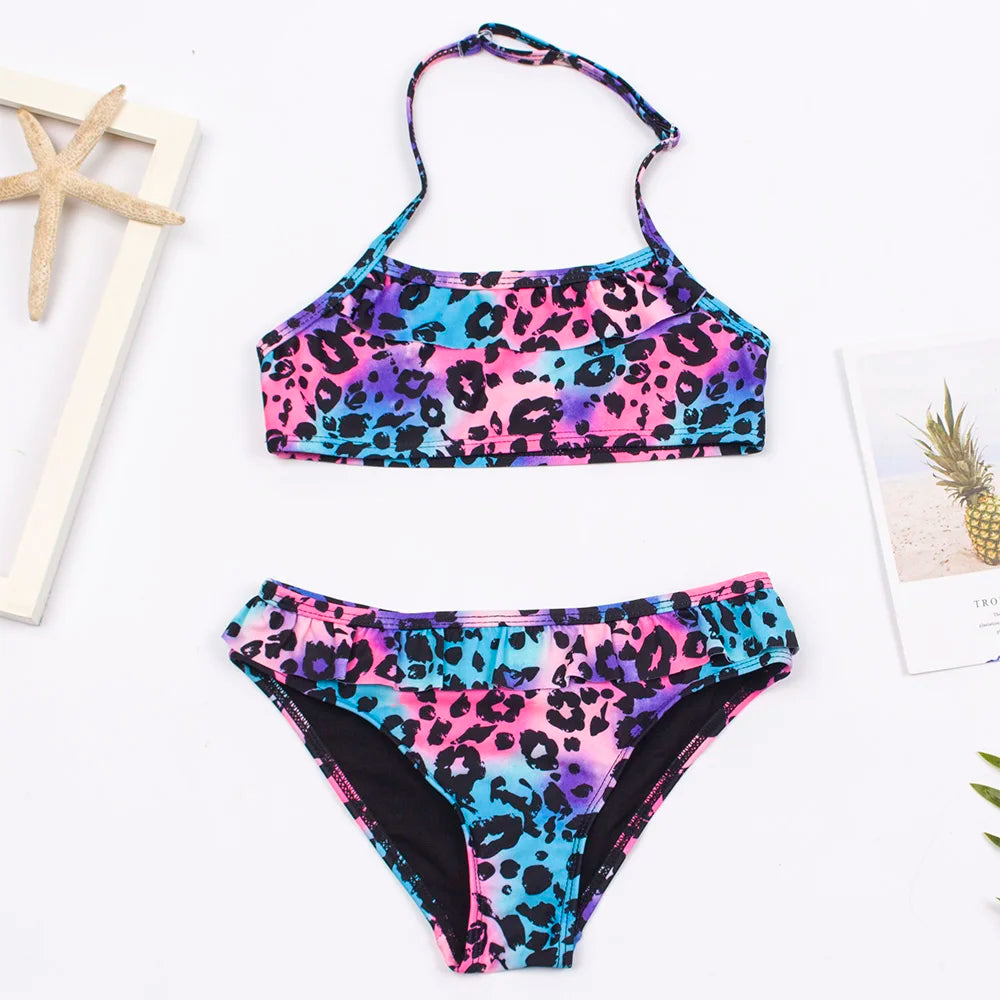 Kid's Girl Nylon Square-Neck Leopard Pattern Swimwear Bikini Set