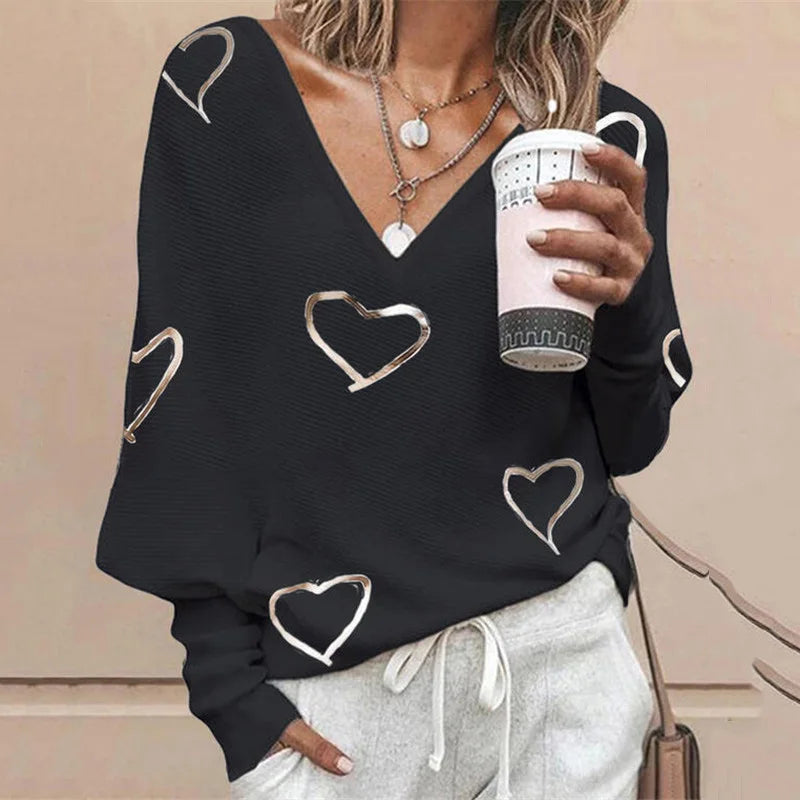 Women's V-Neck Polyester Long Sleeve Heart Pullover Blouses