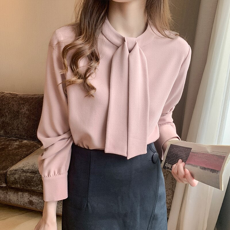 Women's Tie Neck Acetate Full Sleeve Plain Pattern Blouses