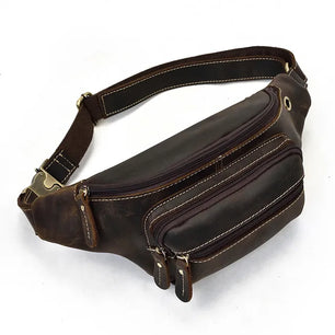 Men's Genuine Leather Solid Pattern Zipper Closure Waist Pack