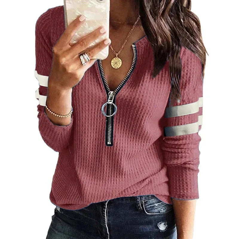 Women's Polyester O-Neck Long Sleeves Striped Pattern Casual Tops