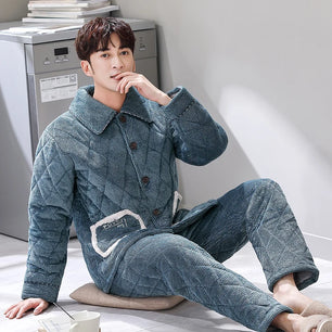 Men's Flannel Turn-Down Collar Long Sleeves Solid Pajamas Sets