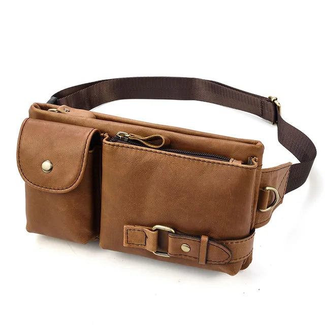 Men's Genuine Leather Solid Pattern Zipper Closure Waist Pack