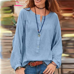 Women's O-Neck Polyester Long Sleeve Solid Pullover Blouses