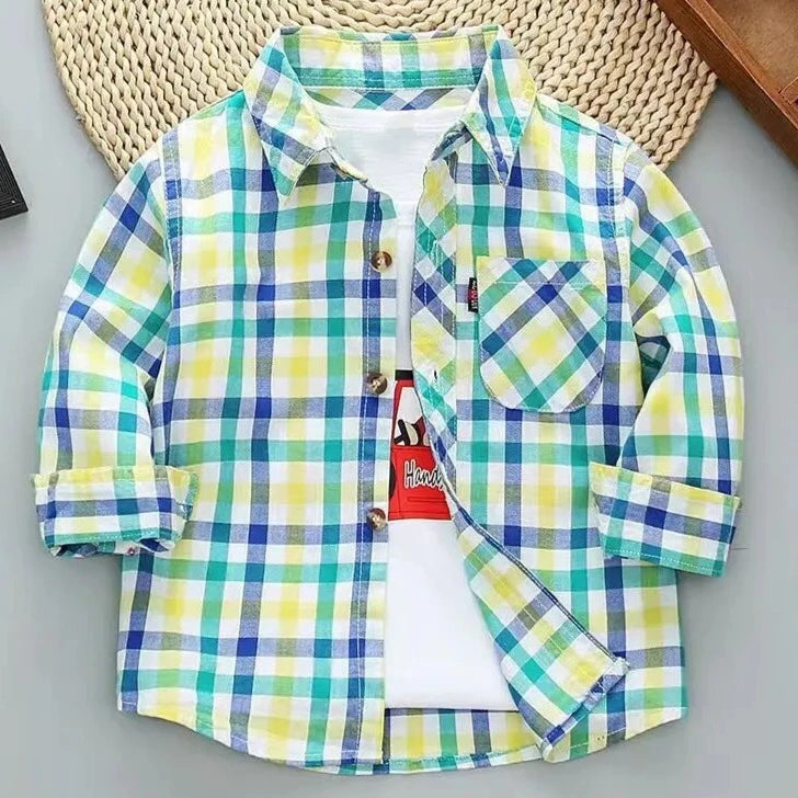 Kid's Cotton Turn-Down Collar Full Sleeve Plaid Pattern Shirt