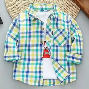 Kid's Cotton Turn-Down Collar Full Sleeve Plaid Pattern Shirt