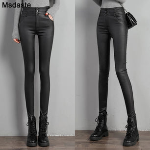 Women's Faux Leather High Waist Elastic Closure Casual Leggings