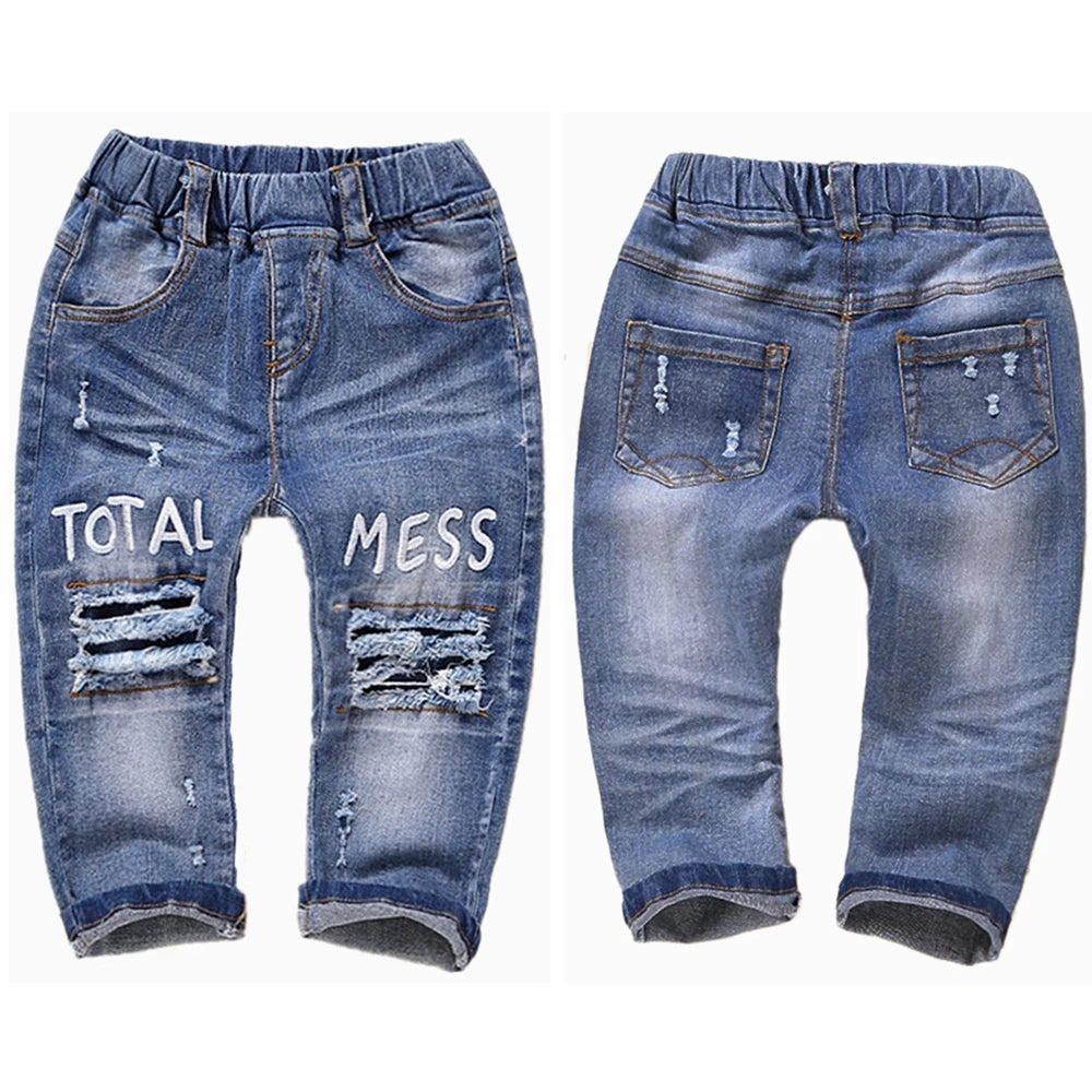 Kid's Cotton Mid Elastic Waist Closure Ripped Casual Wear Pants