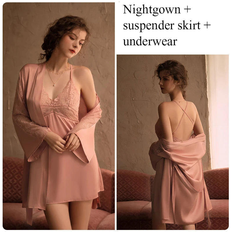 Women's Silk V-Neck Long Sleeve Patchwork Pattern Sleepwear Dress