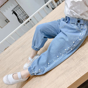 Kid's Cotton Mid Elastic Waist Closure Casual Denim Trousers