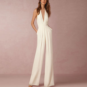 Women's Polyester Sleeveless Mid Waist Plain Elegant Jumpsuit