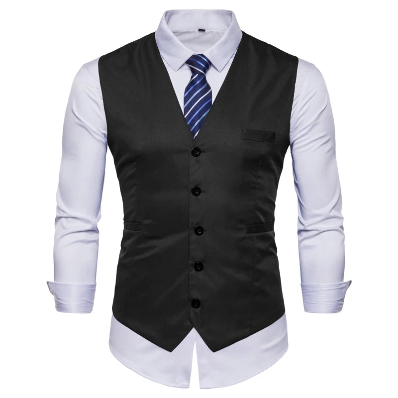 Men's Cotton V-Neck Sleeveless Plain Single Breasted Formal Vests