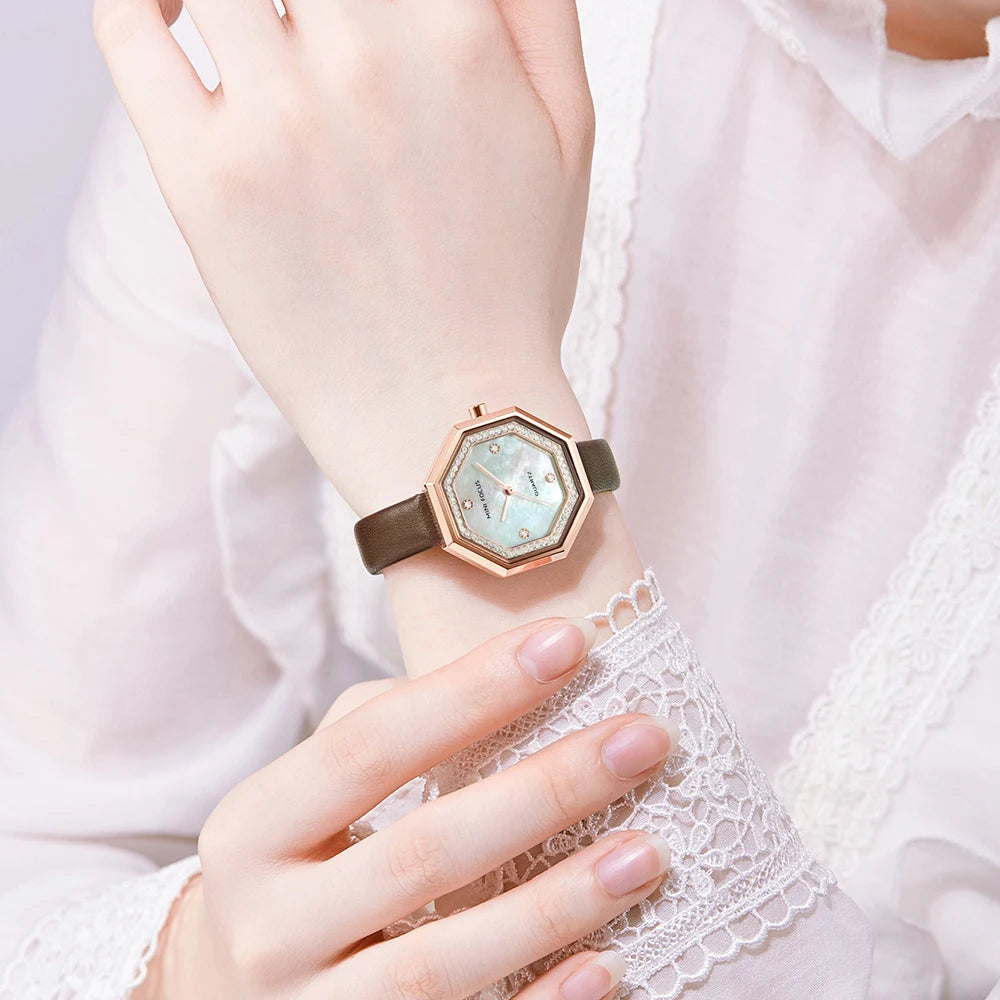 Women's Leather Polygon Shaped Waterproof Elegant Luxury Watch