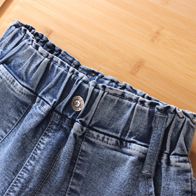 Kid's Cotton Mid Waist Elastic Closure Casual Wear Denim Shorts