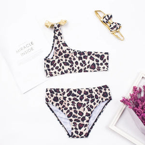 Kid's Spandex Leopard Pattern Two-Piece Trendy Swimwear Suit