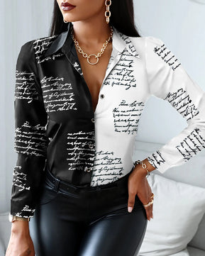 Women's Polyester Turn-Down Collar Long Sleeves Printed Blouse