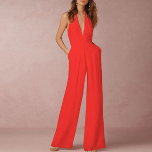 Women's Polyester Sleeveless Mid Waist Plain Elegant Jumpsuit