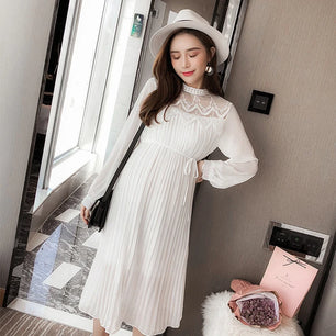 Women's Spandex Boat Neck Long Sleeve Pleated Maternity Dress