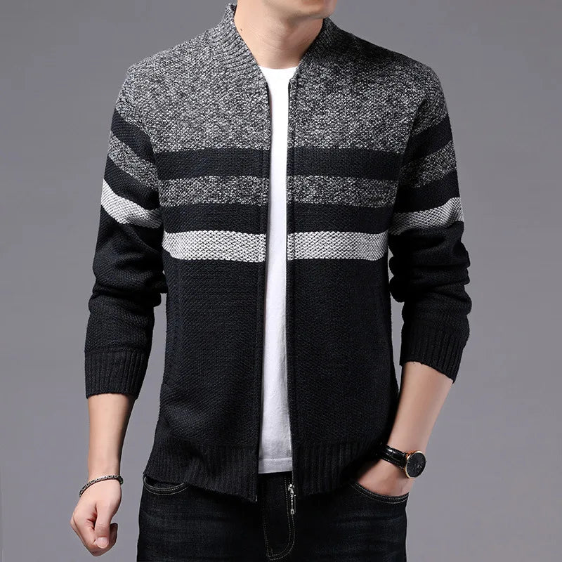 Men's Viscose V-Neck Long Sleeves Striped Pattern Casual Jacket