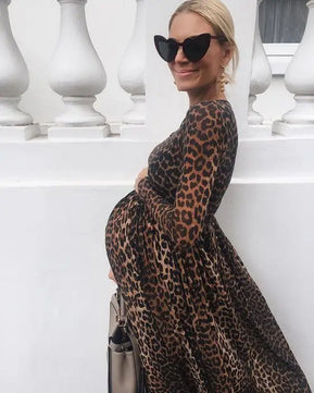 Women’s Cotton O-Neck Long Sleeves Leopard Maxi Maternity Dress