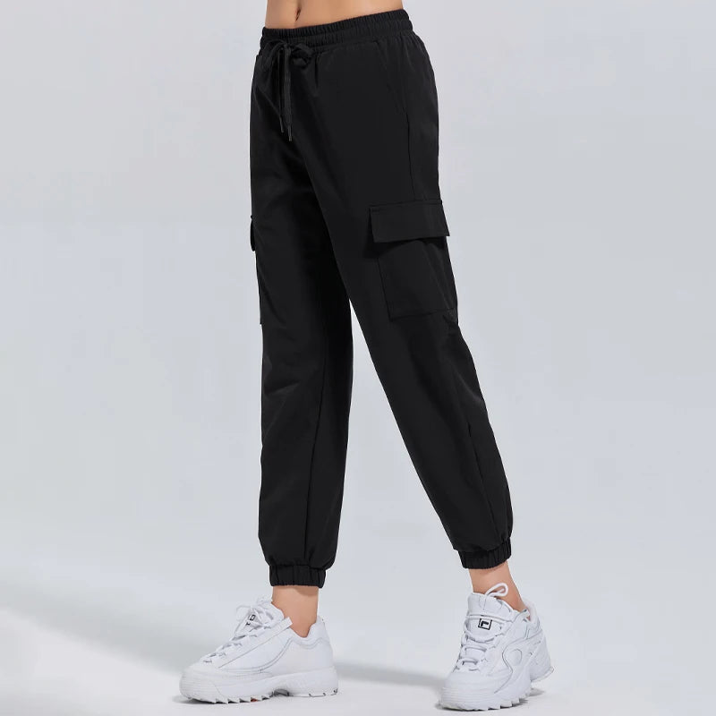 Women's Nylon High Waist Solid Pattern Fitness Sports Trousers