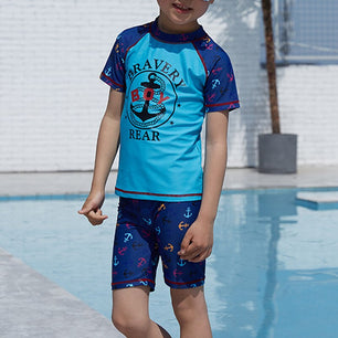 Kid's Boy Polyester Short Sleeve O-Neck Printed Swimwear With Cap