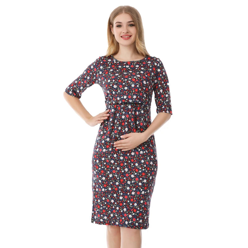 Women's O-Neck Cotton Short Sleeve Printed Pattern Maternity Dress