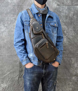 Men's Genuine Leather Zipper Closure Solid Pattern Shoulder Bag