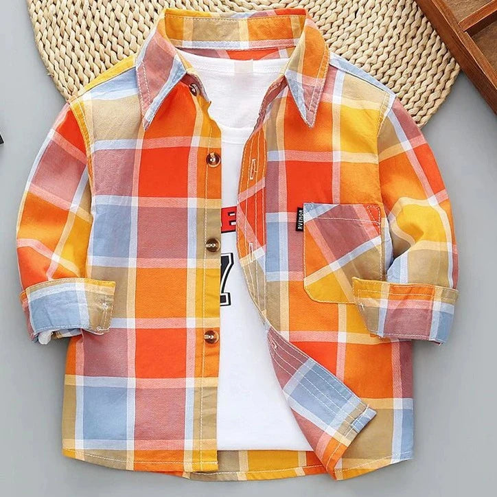 Kid's Cotton Turn-Down Collar Full Sleeve Plaid Pattern Shirt