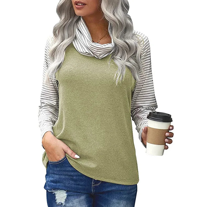 Women's Polyester Turtleneck Long Sleeves Striped Pattern Tops