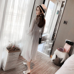 Women's Spandex Boat Neck Long Sleeve Pleated Maternity Dress