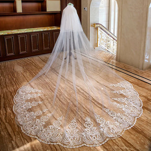 Women's Polyester Applique Edge Two-Layer Cathedral Wedding Veils