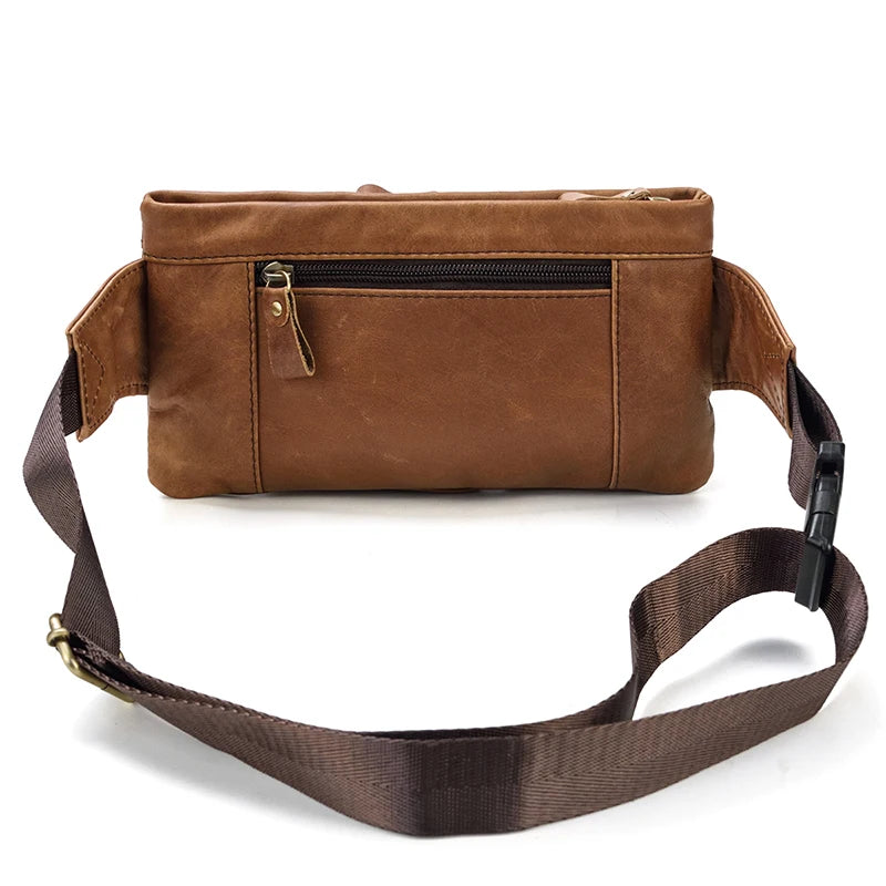 Men's Genuine Leather Solid Pattern Zipper Closure Waist Pack