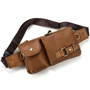 Men's Genuine Leather Solid Pattern Zipper Closure Waist Pack