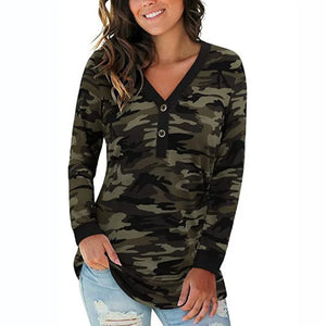 Women's Polyester V-Neck Long Sleeve Camouflage Casual Tops