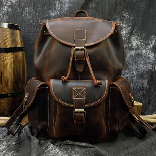 Men's Genuine Leather Solid Pattern Zipper Closure Backpack