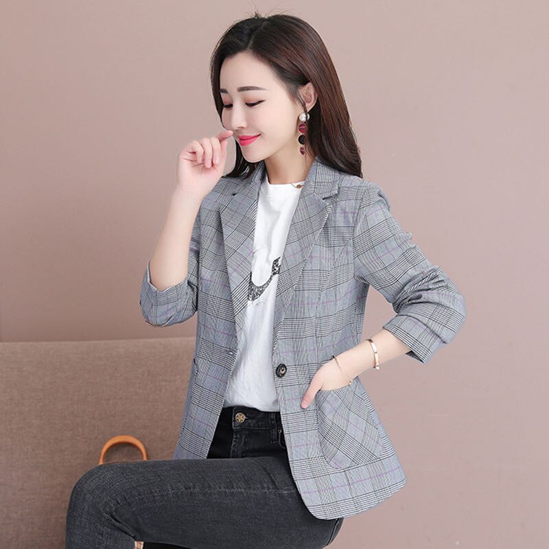 Women's Notched Collar Full Sleeves Single Button Plaid Blazers