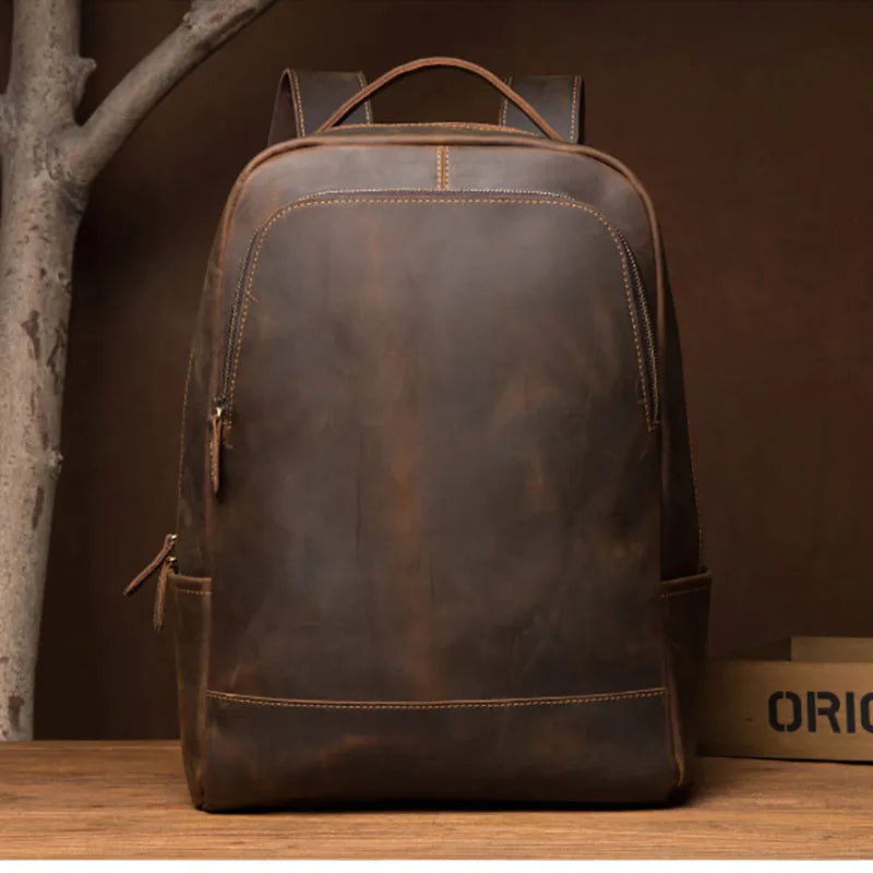 Men's Genuine Leather Zipper Closure Slot Pocket Laptop Backpack