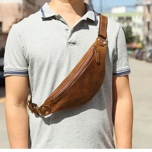 Men's Genuine Leather Zipper Closure Solid Pattern Waist Pack