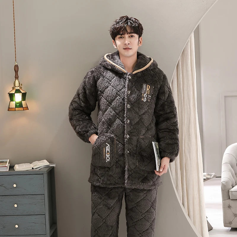 Men's Flannel Full Sleeves Hooded Thick Sleepwear Pajamas Set