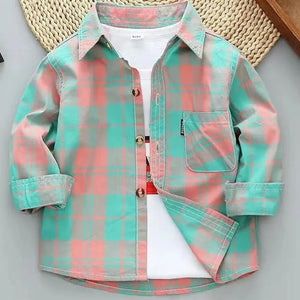 Kid's Cotton Turn-Down Collar Full Sleeve Plaid Pattern Shirt