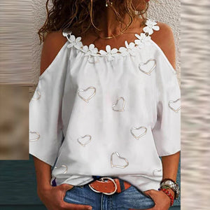 Women's O-Neck Polyester Long Sleeve Heart Pullover Blouses