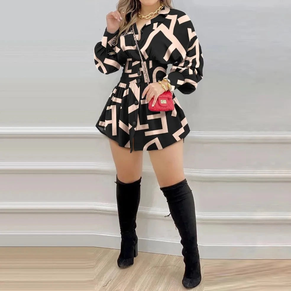 Women's Turn-Down Collar Polyester Long Sleeves Printed Mini Dress