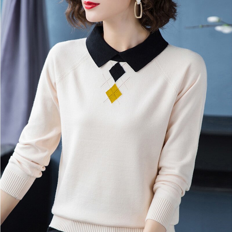 Women's Polyester Turn-Down Collar Full Sleeves Patchwork Sweater