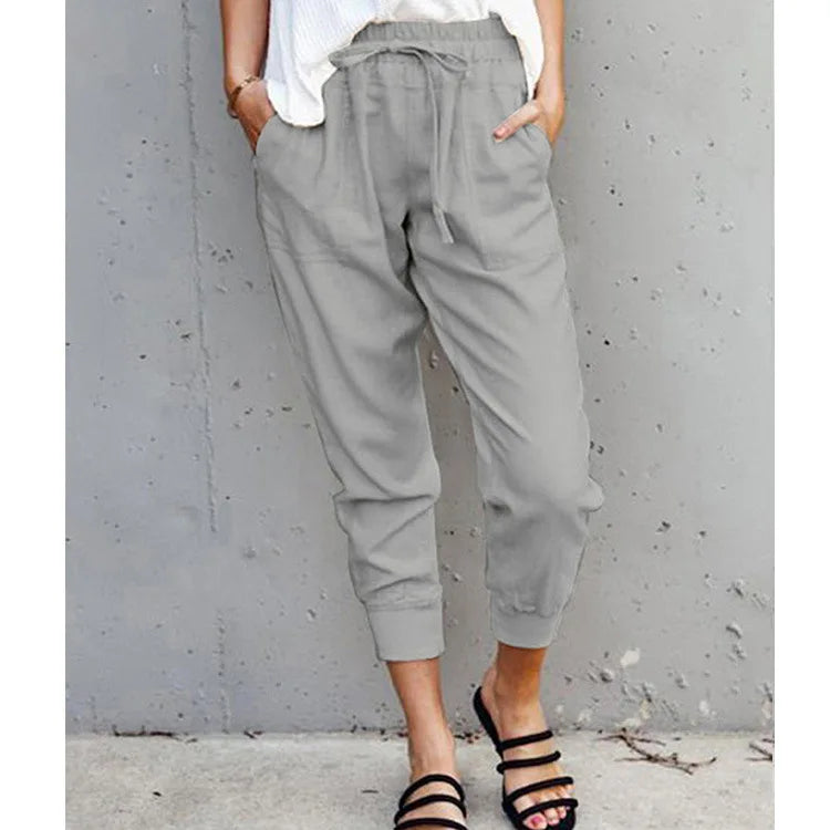 Women's Polyester Mid Waist Drawstring Closure Plain Trousers