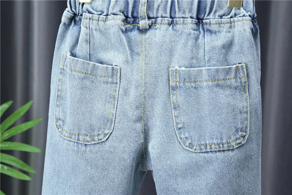 Kid's Cotton Mid Elastic Waist Closure Casual Wear Denim Pants