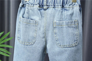 Kid's Cotton Mid Elastic Waist Closure Casual Wear Denim Pants
